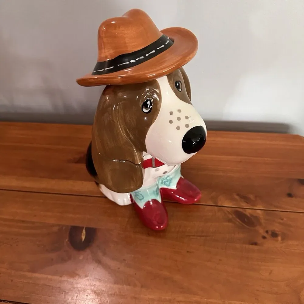 The Pioneer Woman Charlie Cookie Jar Blue Boots Basset Hound Dog Cowboy Hat -12”
